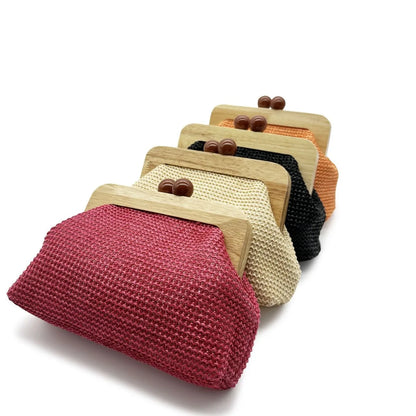 Fashion Wooden Clip Shell Clutch Bags for Women Straw Chains Shoulder Crossbody Bags Casual Summer Beach Bag Elegant Party Purse