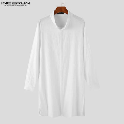 2023 Hommes Chemise Solide Col Montant Manches Longues Chemises Musulmanes Kaftan Streetwear Coton Islamique Arabe Hommes Vêtements INCERUN S-5XL