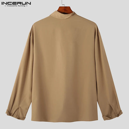 Camisa irregular para hombre 2023, color sólido, cuello alto, suelta, manga larga, ropa informal para hombre, ropa de calle, camisas de moda para hombre INCERUN