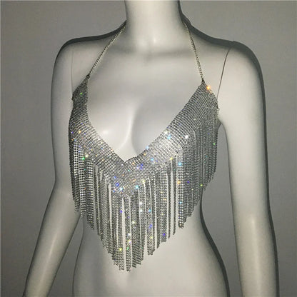 Chaleco con cuello halter y brillantes diamantes de imitación para mujer, top sexy de playa con borlas y cadena sin espalda para mujer, top corto calado para fiesta 2023