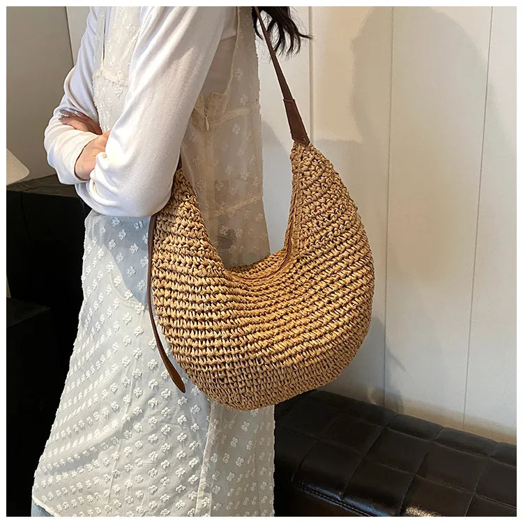 Casual Hobos Straw Women Shoulder Bags Handmade Weave Crossbody Bags Vintage Simple Summer Beach Bag Large Capacity Tote Purses