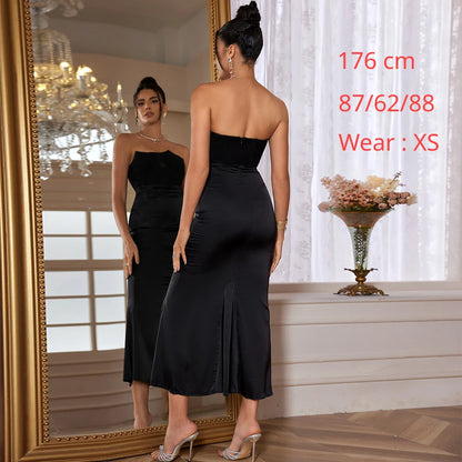 Dropshipping Vestido largo negro para invitadas de boda, vestido de fiesta con corsé de terciopelo sin tirantes y deshuesado, vestido sexy largo formal para ocasiones especiales