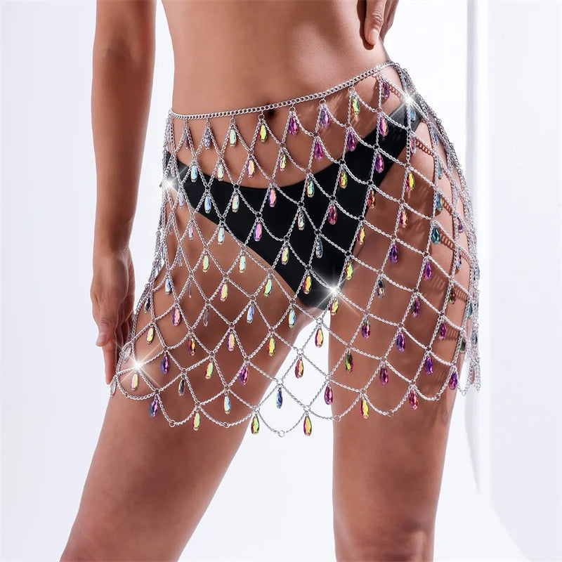 Nightclub Dance Stage Covers Belt Wear Luxury Rhinestones See Through Adjusted Skirt Party Performance Costume Glitter Skirts