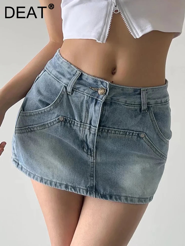 DEAT Mode Femmes Jupe A-ligne Épissé UltraShort Denim Poche Taille Haute Mince Couleur Unie Jupes Printemps 2024 Tendance Nouvelle 17A5641