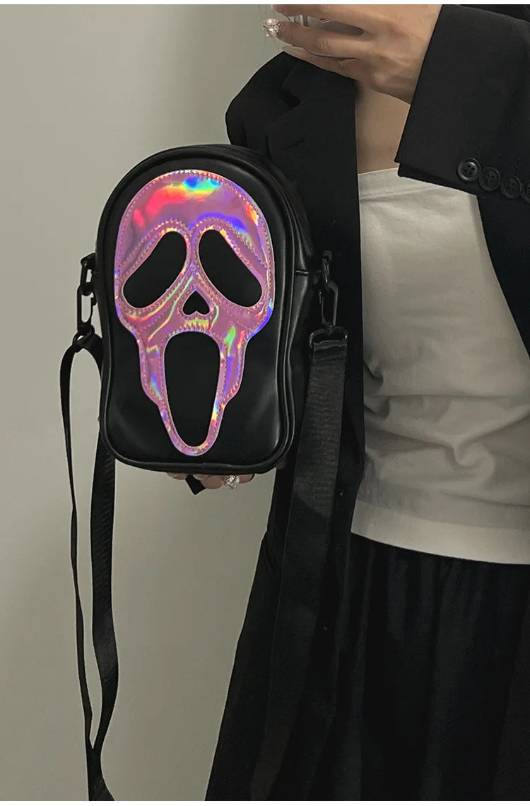 Bolso bandolera para hombre y mujer, estilo coreano, divertido bolso de hombro con calavera fantasma láser, bolso pequeño suave para teléfono móvil