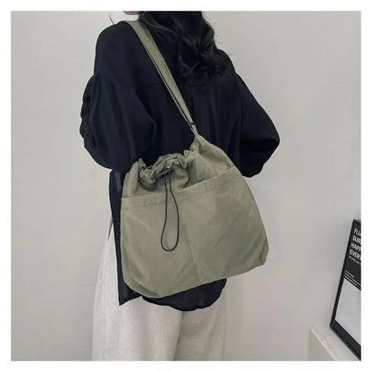 Casual Large Capacity Versatile Women Shoulder Bags Drawsting Nylon Crossbody Bag Simple Trend Big Shopper Purses