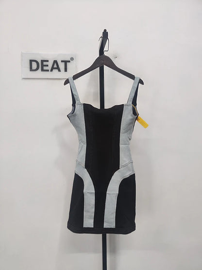 DEAT Fashion Women Dress Spaghetti Strap Denim Patchwork Contrast Color Sleeveless Slim Waist Mini Dresses Spring 2024 11XX4973