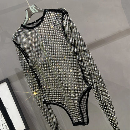 Ropa de mujer Bikini Traje de baño de una pieza con diamantes brillantes Traje de baño de manga larga Traje de baño sexy Ropa de club nocturno