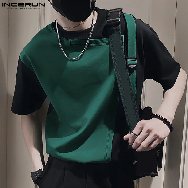 Mode Loisirs Style Hauts INCERUN Hommes Épissage Sac À Dos Boucle Conception T-shirts Beau Mâle Manches Courtes Camiseta S-5XL 2024