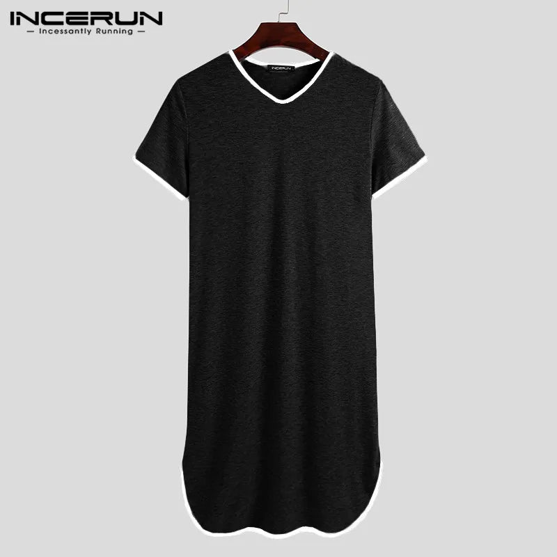 Fashion Men's Loose Sleepwear Casual Solid Nightgown INCERUN Patchwork Sleep Robes Short Sleeve V-Neck Homewear Robes S-5XL 2024