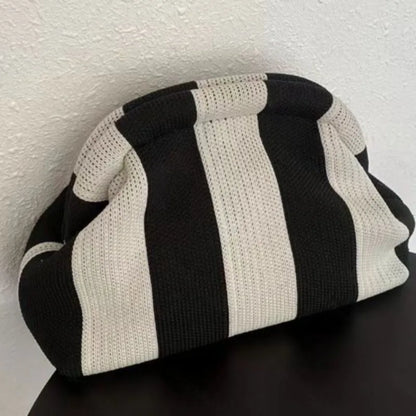 Bolso de mano de punto a rayas de moda para mujer, bolso de mano con paneles con clip y diseño informal para playa, ideal para vacaciones de verano 2024