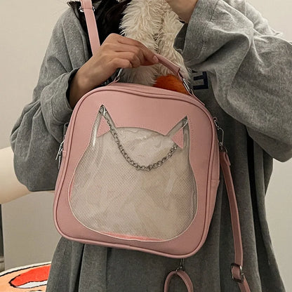 Mochila transparente de piel sintética para mujer, estilo japonés Kawaii Itabag de 3 formas, con forma de gato, de lujo, tipo cartera JK Ita