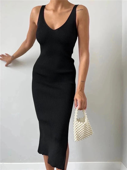 DEAT Fashion Women's Dress Slim V-neck Sleeveless Back Jag High Waist Solid Color Mid-calf Dresses Autumn 2024 New Tide 17A9721