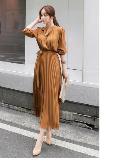 Vestido plisado de manga larga de otoño 2022, vestido midi elegante para mujer, vestidos vintage de oficina para mujer con cinturón, cintura alta, alta calidad