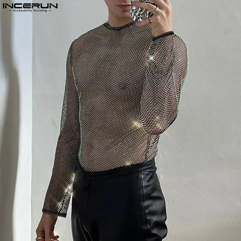 Hauts de style boîte de nuit de fête INCERUN Nouveaux hommes paillettes maille transparente Camiseta Sexy mâle tout-match à manches longues mince T-shirts S-5XL