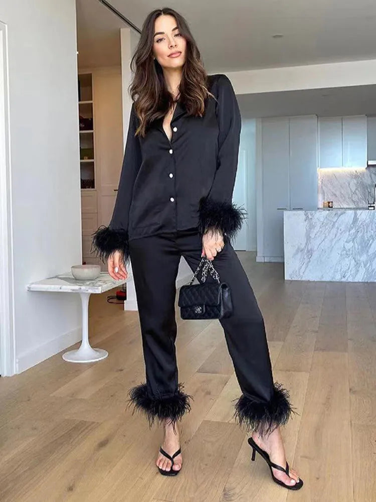 Feather Trim Two Piece Set Women Elegant Casual Pant Sets Long Sleeve Tops Blazer + Straight Pants Female Fall 2Pcs Set