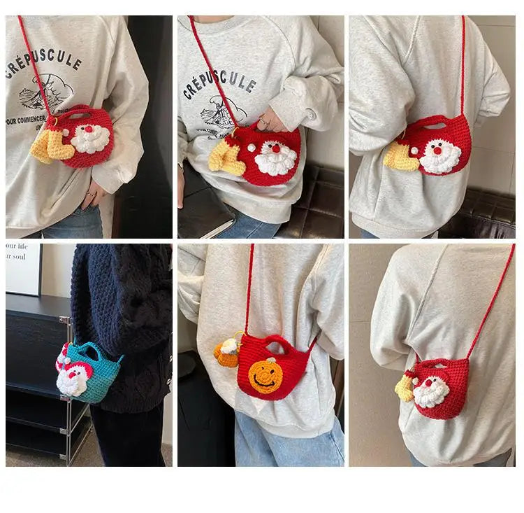 Bolso bandolera tejido a mano con dibujos animados para mujer, bolso para teléfono móvil, bolso bandolera pequeño de punto de Papá Noel, monedero, tarjetero, Kawai