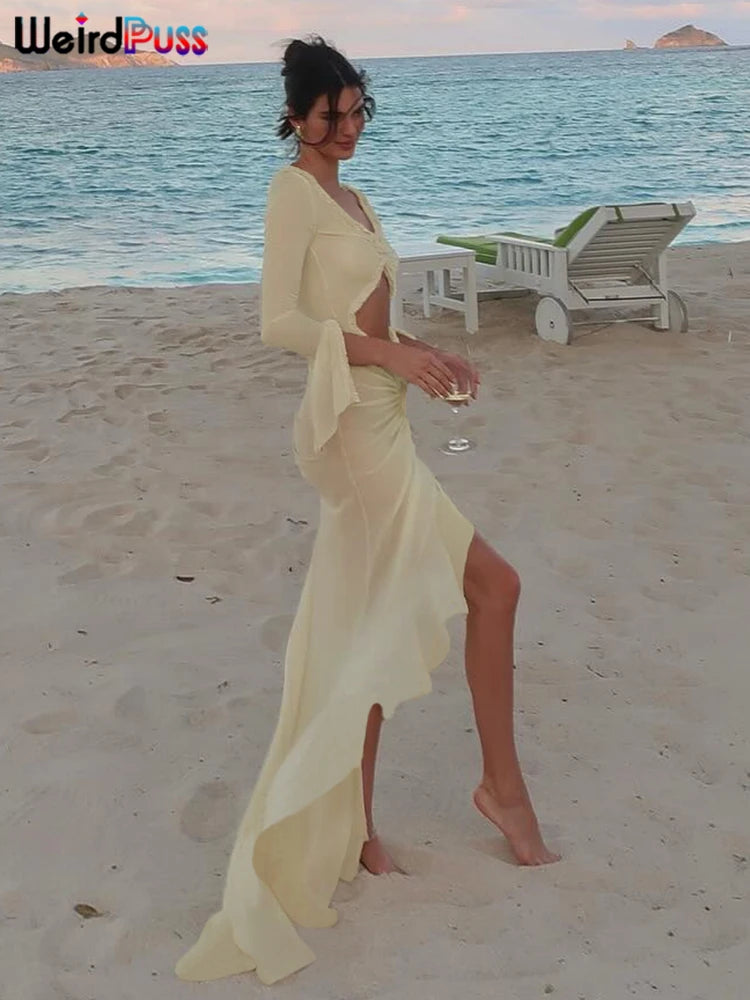 Vestido elegante de mujer con escote en V, sexy y transparente, con volantes, mangas largas, encaje fruncido, ajustado, para playa, vacaciones y discotecas