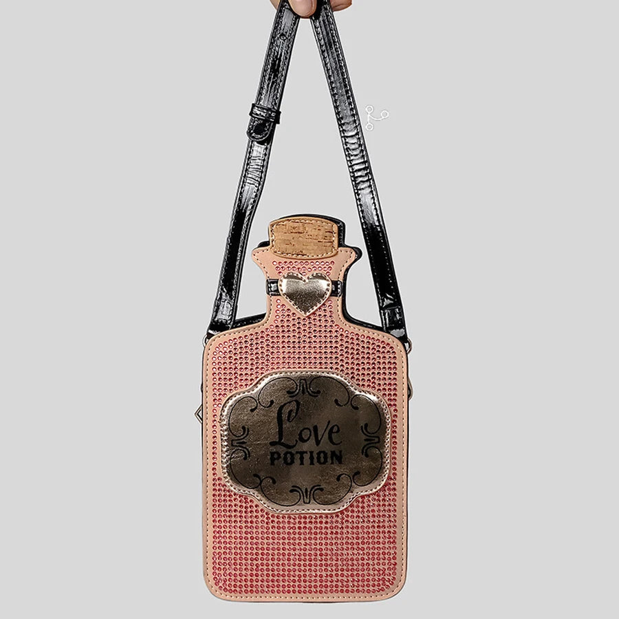 Bolso bandolera con diseño creativo de botella de diamantes de imitación para mujer, divertidos bolsos de hombro con decoración de corazones de amor, lindos monederos pequeños para teléfono 2024