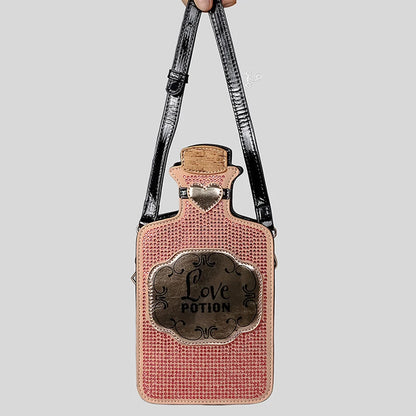 Bolso bandolera con diseño creativo de botella de diamantes de imitación para mujer, divertidos bolsos de hombro con decoración de corazones de amor, lindos monederos pequeños para teléfono 2024