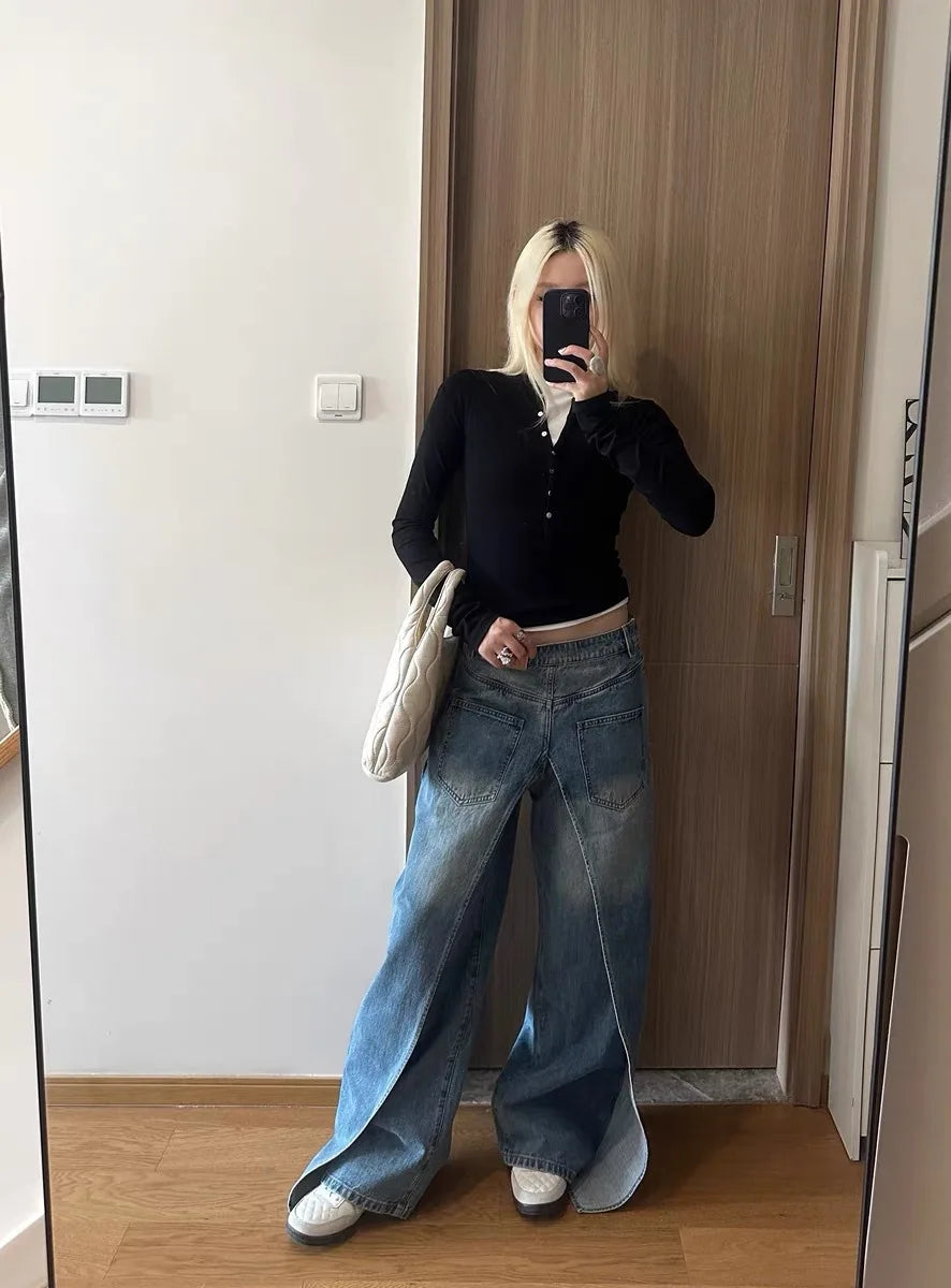 DEAT Fashion Women's Wear Jeans In Both Front And Back High Waist Deconstruct Two Fake Loose Denim Pants Winter 2024 New 7AB2797