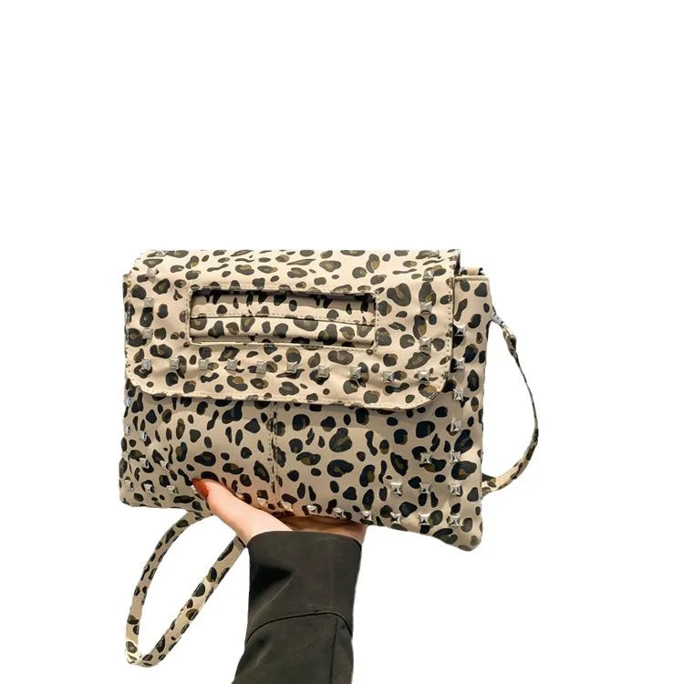 Bolso de mano vintage con remaches de leopardo para mujer, bolso de mano Y2K para mujer, bolso cruzado de cuero sintético de lujo, bolso de fiesta de moda retro