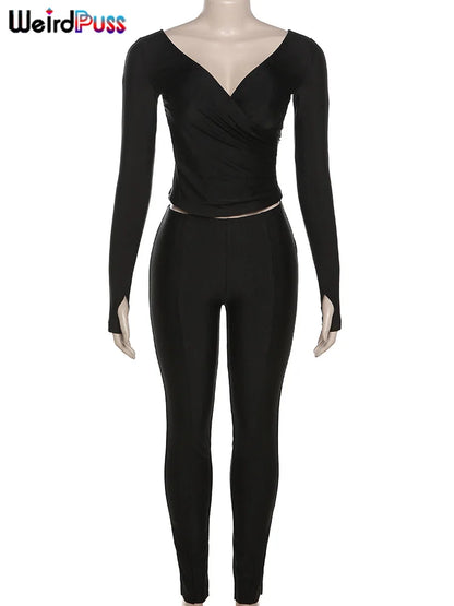 Conjunto de chándal elegante de 2 piezas para mujer de Weird Puss, top corto ajustado con cuello cruzado y leggings, conjuntos de ropa de calle elásticos a juego