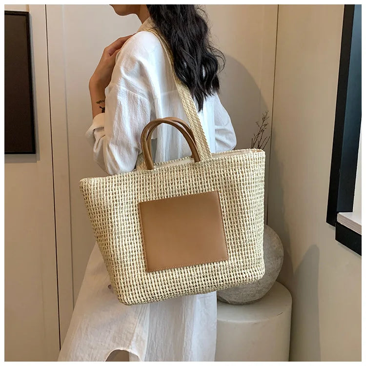 Casual Large Capacity Straw Tote Bag Hollow Paper Weave Women Shoulder Bags Handmade Summer Beach Handbag Big Bali Shopper Purse