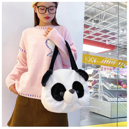 Bolsos de hombro de peluche para adolescentes, diseño kawaii, con forma de cabeza de panda, elegantes y suaves, para compras, portátiles