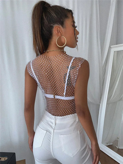 Sexy Women Tops Crystal Diamonds Mesh Rhinestone Tank Top Summer New Beachwear See Through Fishnet Party Crop Top