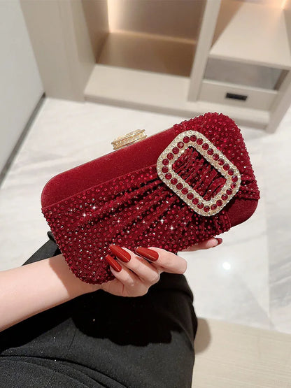 Bolsos de noche con diamantes de imitación de color rojo vino para mujer, bolsos de mano de tela de terciopelo a la moda, bolsos de mano para dama, bolsos para bodas y fiestas