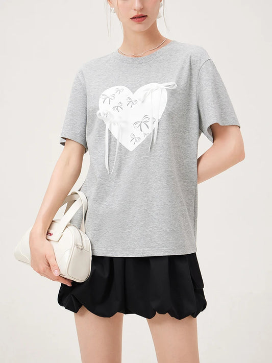 FSLE Summer Love Bow Print Cotton Women's Short-Sleeved T-Shirt 2024 Summer New Design Versatile Casual Cool Top 24FS12468