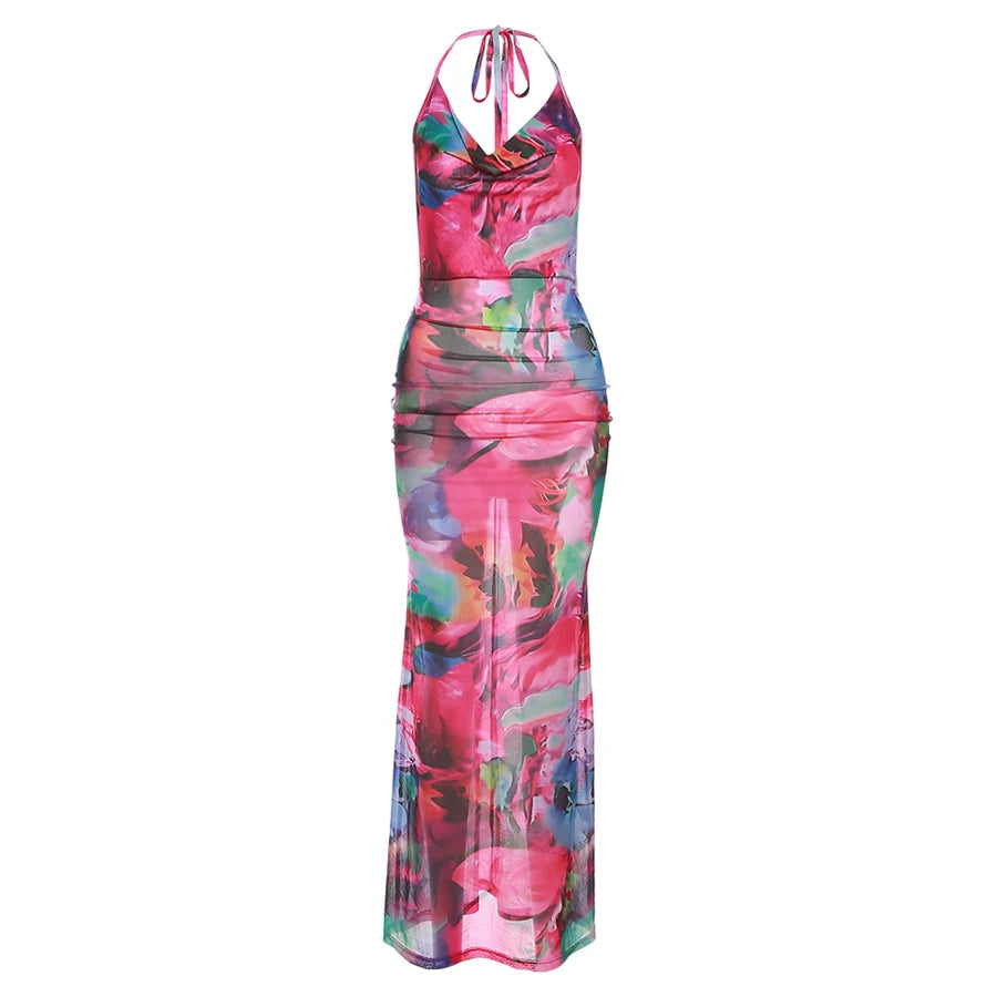 Vestido de mujer con escote halter y espalda descubierta con estampado de flores y escote bajo, transparente, sexy, ajustado, para fiesta en la playa, vacaciones en la playa, color melocotón