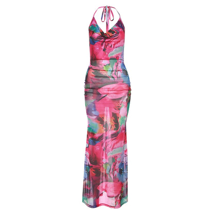 Vestido de mujer con escote halter y espalda descubierta con estampado de flores y escote bajo, transparente, sexy, ajustado, para fiesta en la playa, vacaciones en la playa, color melocotón