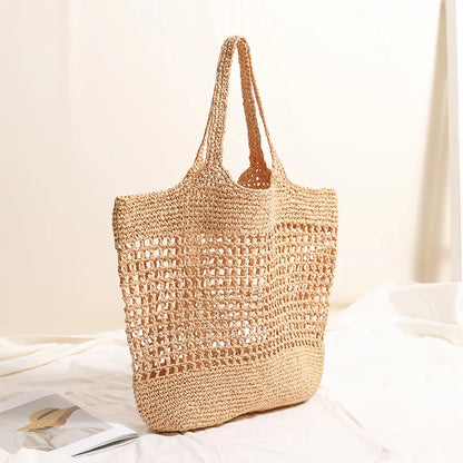 Bolso de mano informal de paja hueca de gran capacidad, tejido a mano, para mujer, bolsos de hombro grandes para playa de verano, bolsos tipo shopper Bali