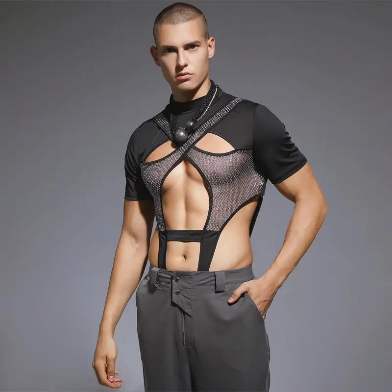 2023 Monos para hombre de malla de retazos transparentes con agujeros, monos de cuello redondo de manga corta, mono sexy de moda para hombre S-3XL INCERUN