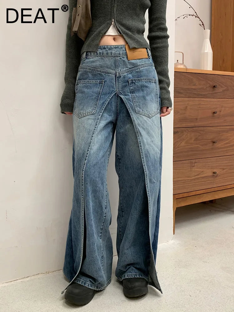 DEAT Fashion Women's Wear Jeans In Both Front And Back High Waist Deconstruct Two Fake Loose Denim Pants Winter 2024 New 7AB2797