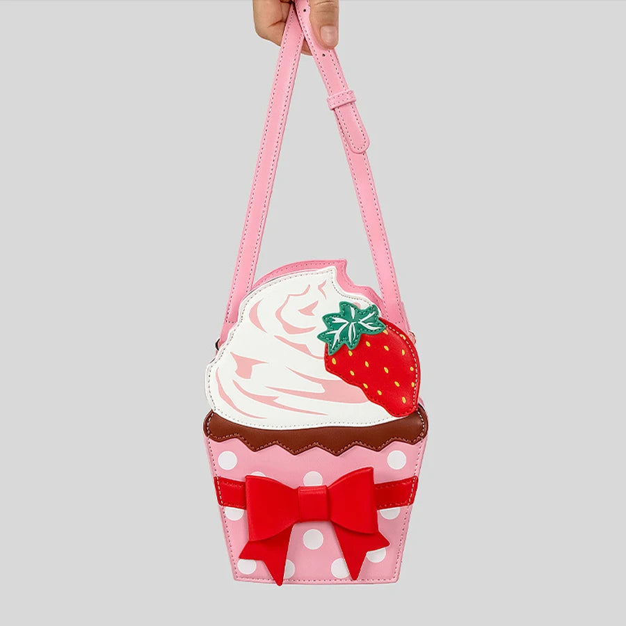 Bolso de hombro con diseño de pastel de fresa para mujer, divertido bolso cruzado con lazo dulce, bolso de mensajero creativo de cuero sintético, bolso pequeño para teléfono