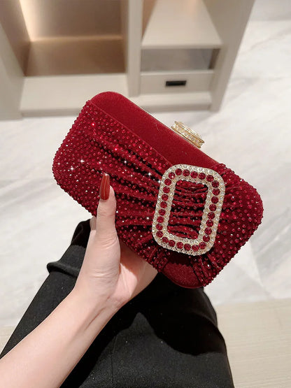 Bolsos de noche con diamantes de imitación de color rojo vino para mujer, bolsos de mano de tela de terciopelo a la moda, bolsos de mano para dama, bolsos para bodas y fiestas