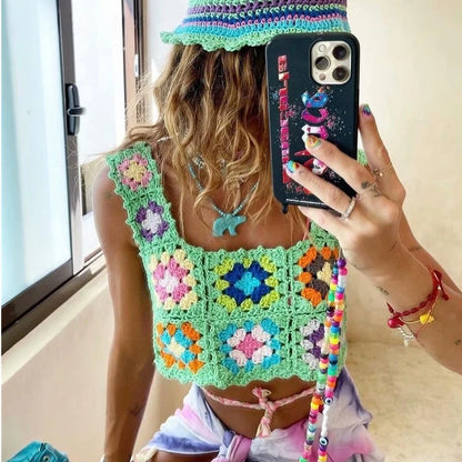 Suninheart Harajuku - Top de crochet calado hecho a mano para mujer, top corto de verano, camiseta corta estilo retro para chica, top de vacaciones