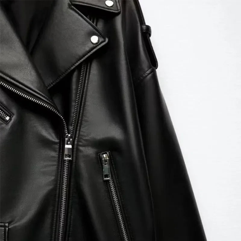 Veste en cuir noir pour femme, veste de course gothique de printemps, veste vintage à manches longues, veste en PU à revers, manteaux de moto pour femme, streetwear