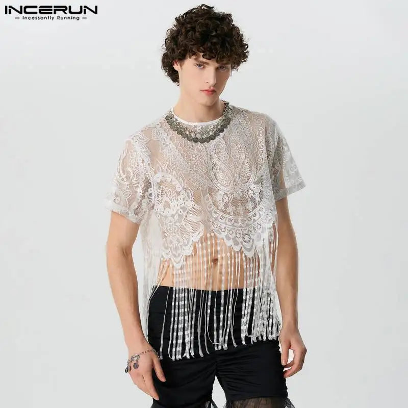 2024 Hommes T-shirt Dentelle Gland O-cou Manches Courtes Transparent Mode Hommes Vêtements Streetwear Fête Irrégulière Crop Tops INCERUN