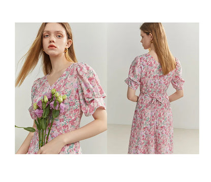 FSLE French Floral Artistic Sense Dress V-neck Elegant Retro Summer Travel Women's Dress Beach Dress 2022 New Style Two Optional