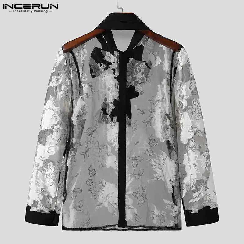 Fashion Sexy New Men Perspective Lace Print Jacquard Tie Shirts Casual Male Hot Sale Long Sleeved Blouse S-5XL INCERUN Tops 2024