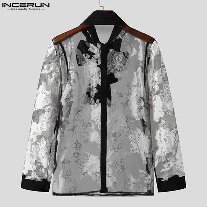 Fashion Sexy New Men Perspective Lace Print Jacquard Tie Shirts Casual Male Hot Sale Long Sleeved Blouse S-5XL INCERUN Tops 2024