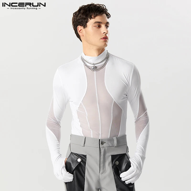 2023 Monos para hombre, de malla, con retazos, cuello alto, guantes de manga larga, peleles, camiseta para hombre, mono sexy transparente para la calle INCERUN