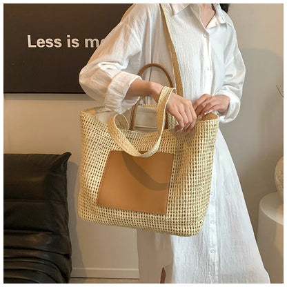 Casual Large Capacity Straw Tote Bag Hollow Paper Weave Women Shoulder Bags Handmade Summer Beach Handbag Big Bali Shopper Purse