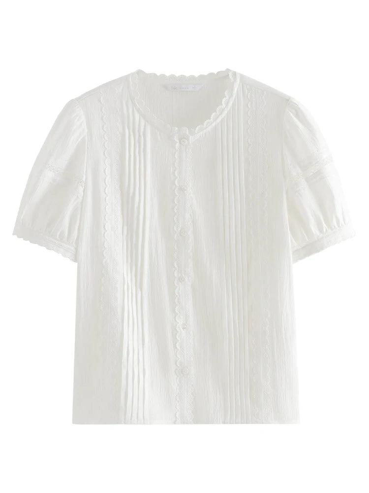 FSLE Round Neck Puff Short Sleeve White Temperament Shirts Lace Decoration Summer New Thin Single Breasted Blouses 24FS12437