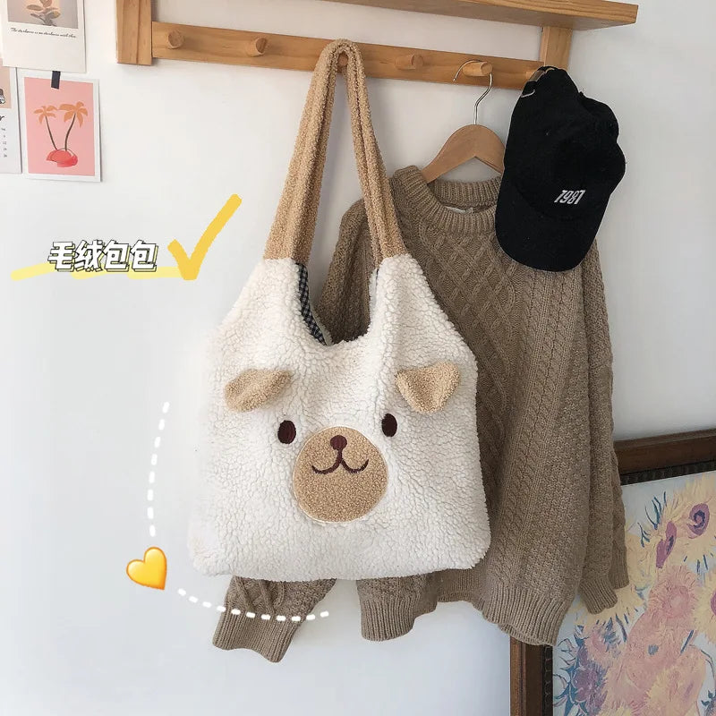 2022 New Lovely Shoulder Bag For Women Soft Plush Tote Bag Kawaii Ears Print Handbags Big Imitation Lamb Hair Hand Bags Bolso