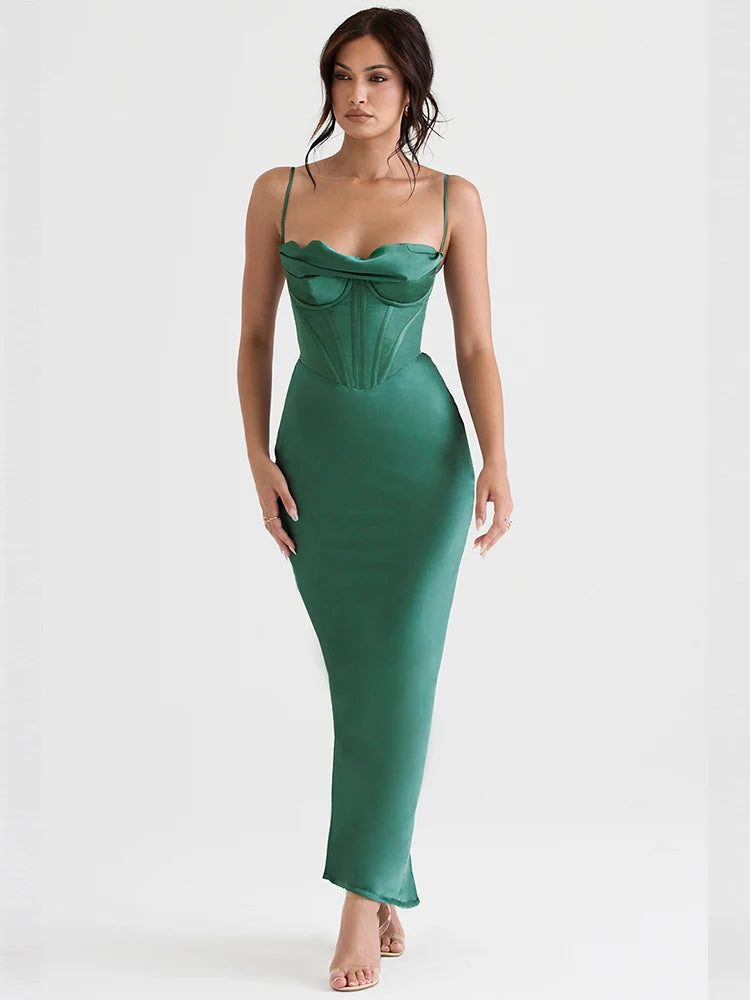 Vestido maxi verde ajustado sexy para eventos de celebridades, vestidos de fiesta de noche de graduación, vestidos de satén con cuello en V y tirantes finos para mujer, verano 2022